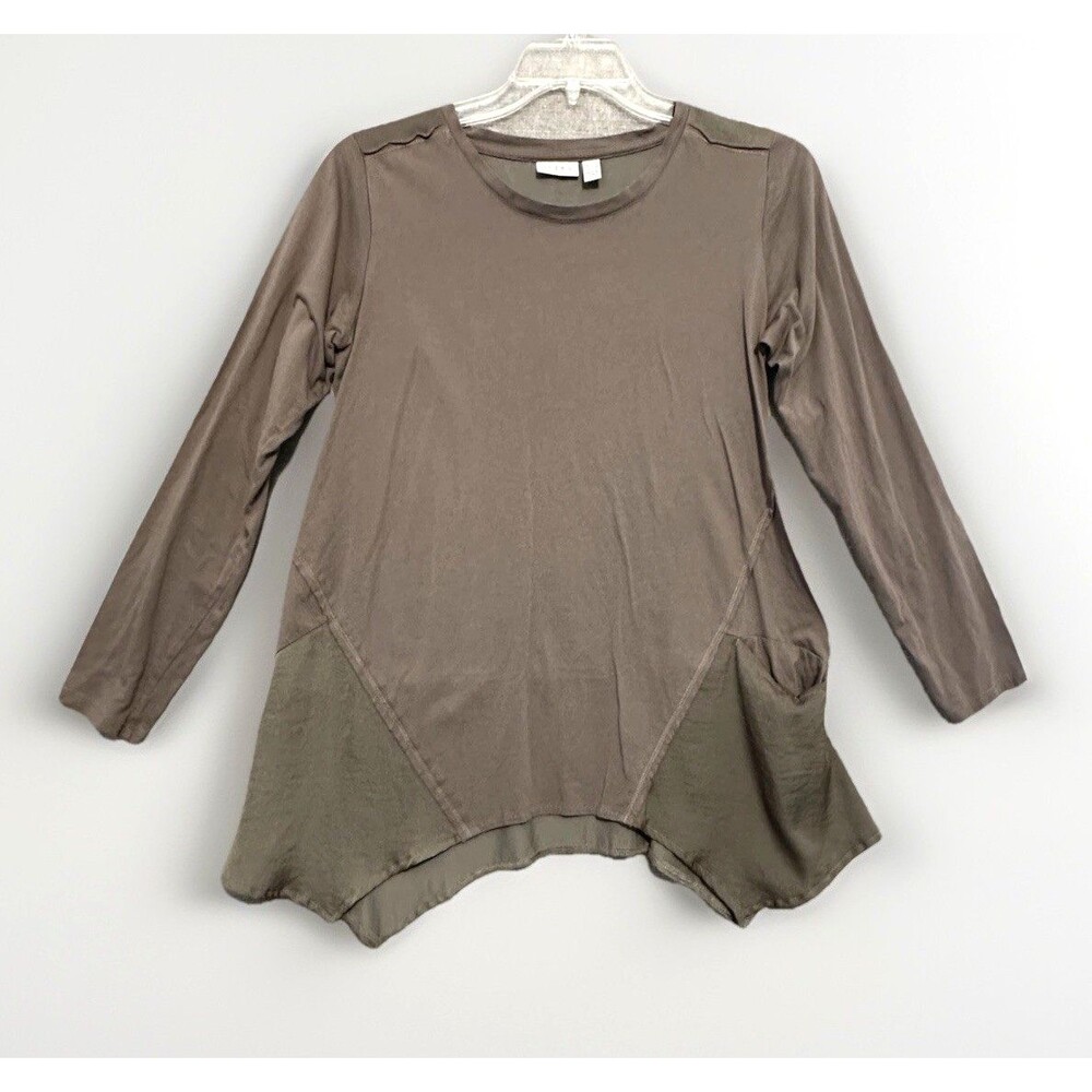 LOGO Lori Goldstein Top Tunic Size Small Mushroom Brown Raw Edge Flowy Neutral